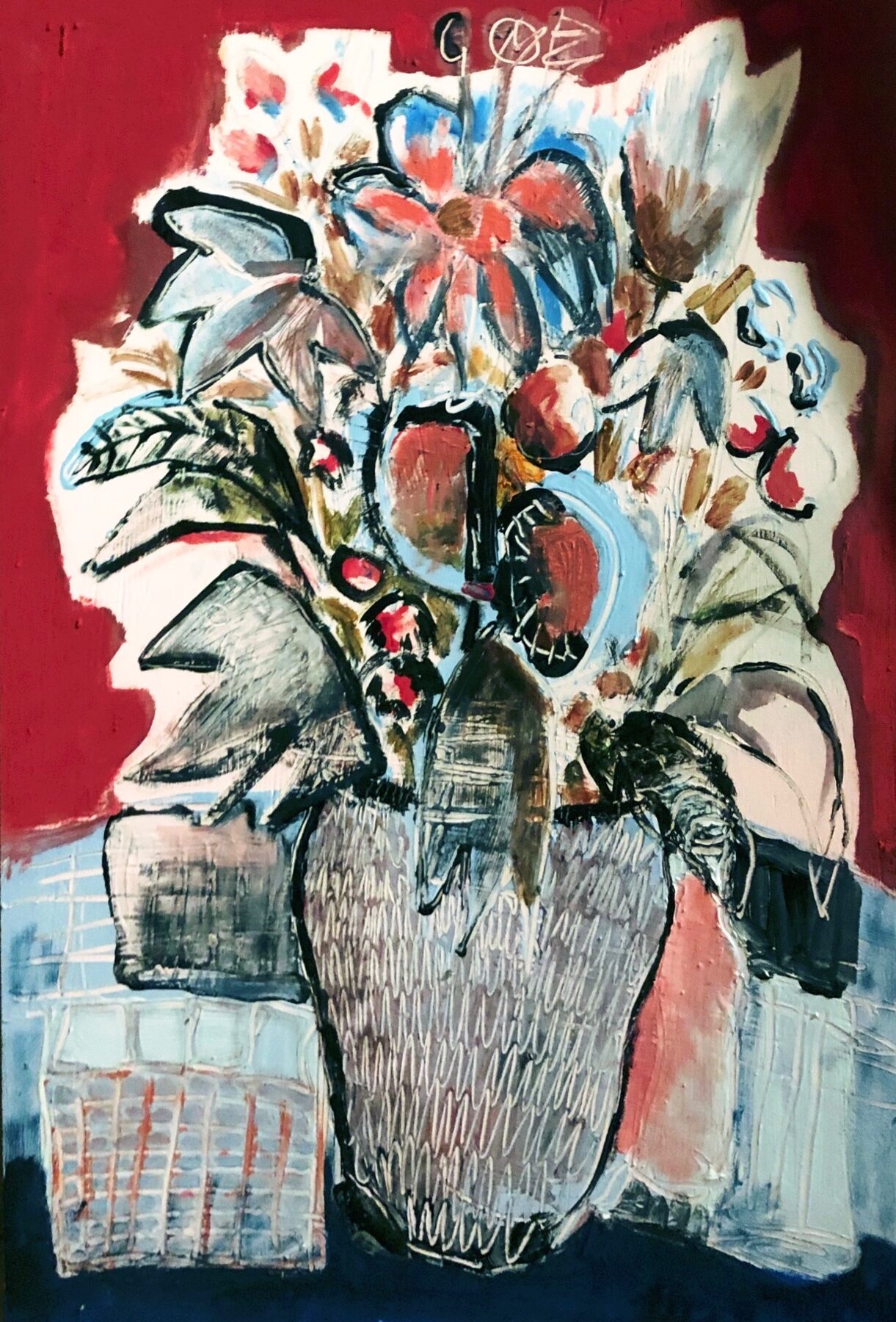 Blumenstillleben von Simon Schaugg in Rot, Blau, Schwarz und Weiß.